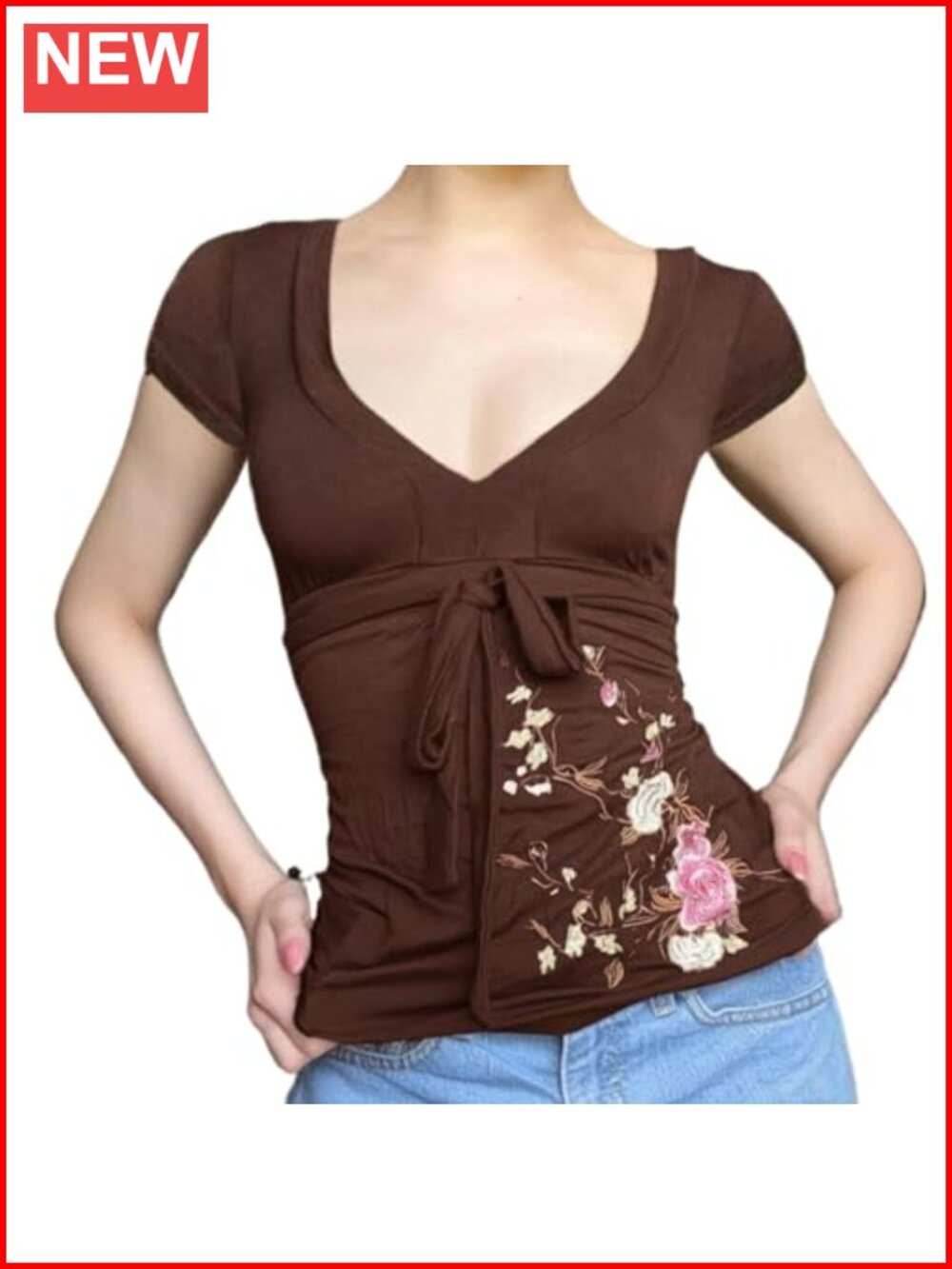 Womens Y2K Fairy Grunge V-Neck Floral Short Sleeve T-Shirt Cottagecore Top